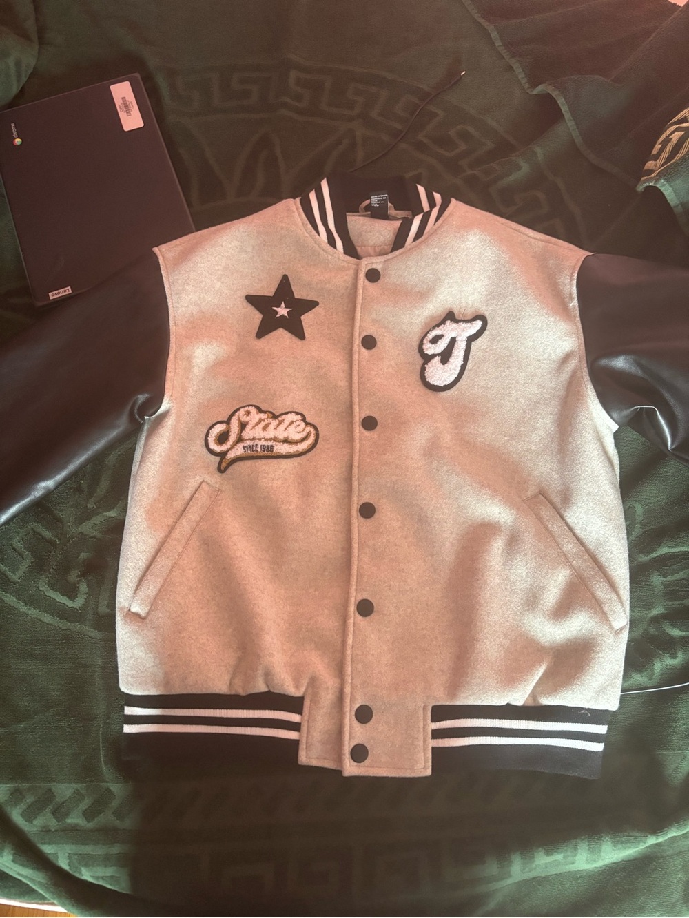Forever 21 Gray and Black Varsity Jacket with Patches